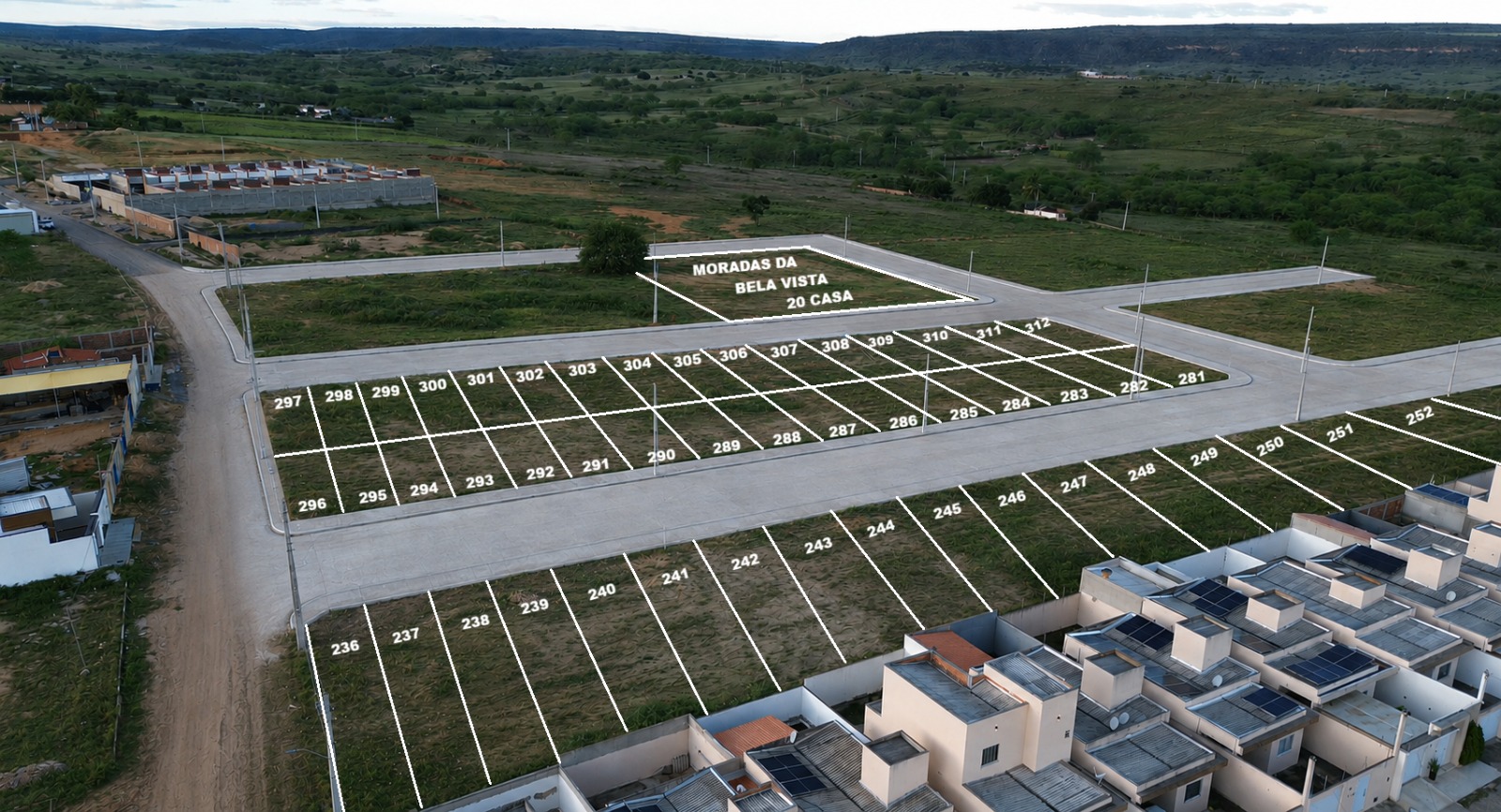 Vista aérea do loteamento Moradas da Bela Vista com numeração dos lotes